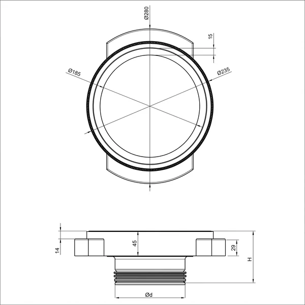 Rzut techniczny z wymiarami anemostatu gipsowego Alnor 125