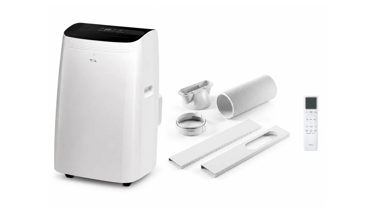 TCL TAC-12CPB/MZW 3,5 kW - komplet klimatyzatora przenośnego z rurą, redukcjami, listwą okienną i pilotem do pomieszczeń do 30 m²