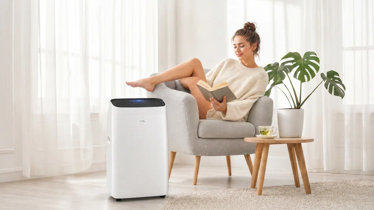 Klimatyzator przenośny TCL TAC-12CPB/MZW 3,5 kW w salonie z czytającą książkę kobietą oraz kwiatkiem