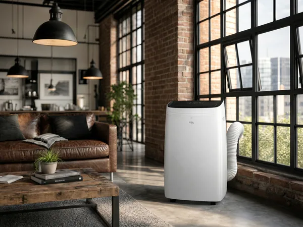 Klimatyzator przenośny TCL TAC-12CPB/MZW 3,5 kW w industrialnym salonie loftowym - mobilne chłodzenie pomieszczeń do 30 m² bez montażu