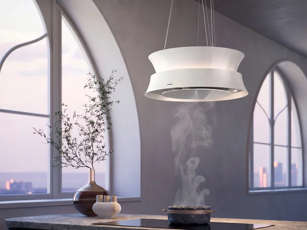 Okap wyspowy Falmec Dama Circle.Tech 60 cm biały nad parującym garnkiem - filtrujący okap bez komina, montowany jak lampa