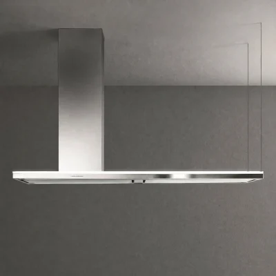 Okap wyspowy Falmec Lumen Isola 175 inox na szarym tle - komin i panel sterowania po lewej stronie