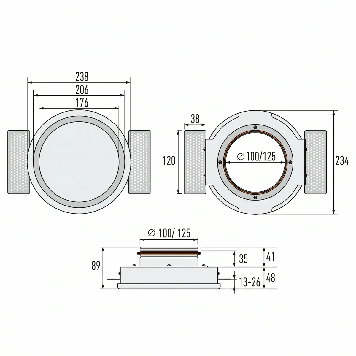 Rysunek techniczny anemostatu gipsowego Ergovent Rondo 100 - wymiary