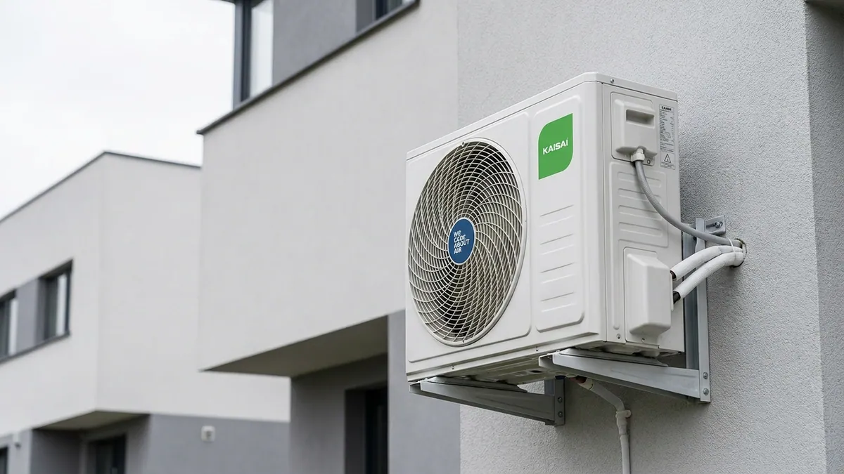 Klimatyzator ścienny Kaisai AIR 5,1 kW - jednostka zewnętrzna zamontowana na elewacji budynku