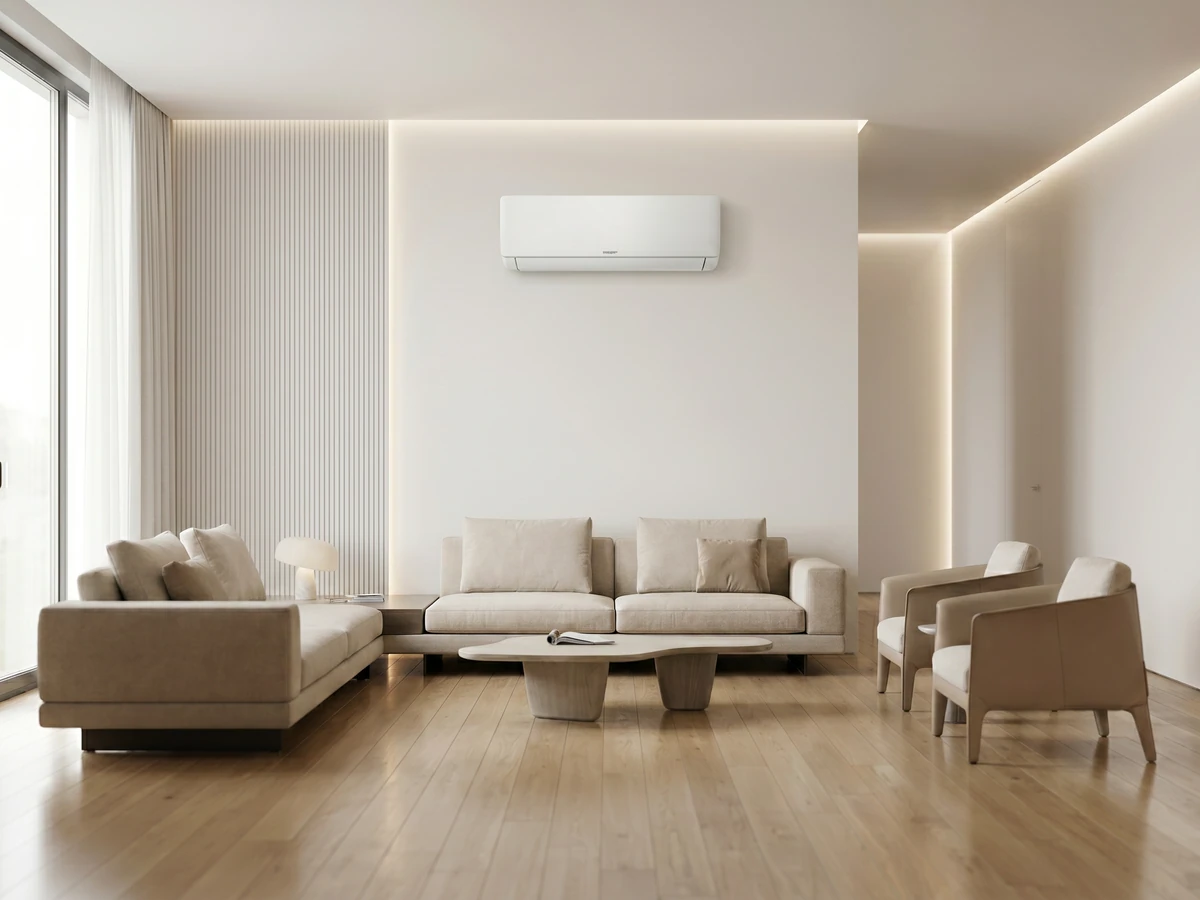 Klimatyzator ścienny Kaisai AIR 2,6 kW w nowoczesnym salonie z kanapami i oświetleniem LED