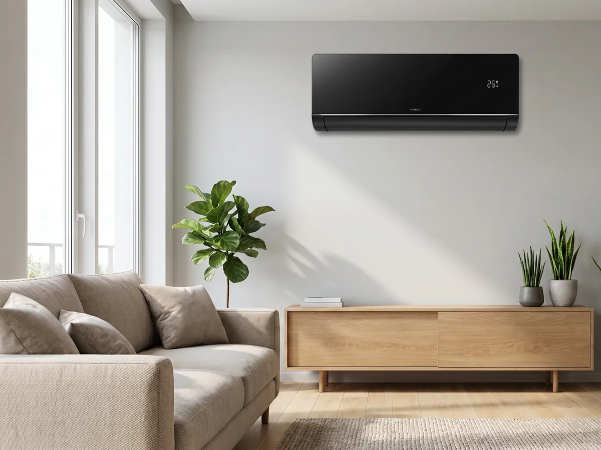 Klimatyzator ścienny Kaisai ART 5,3 kW czarny na ścianie jasnego salonu - czarna jednostka wewnętrzna split nad komodą