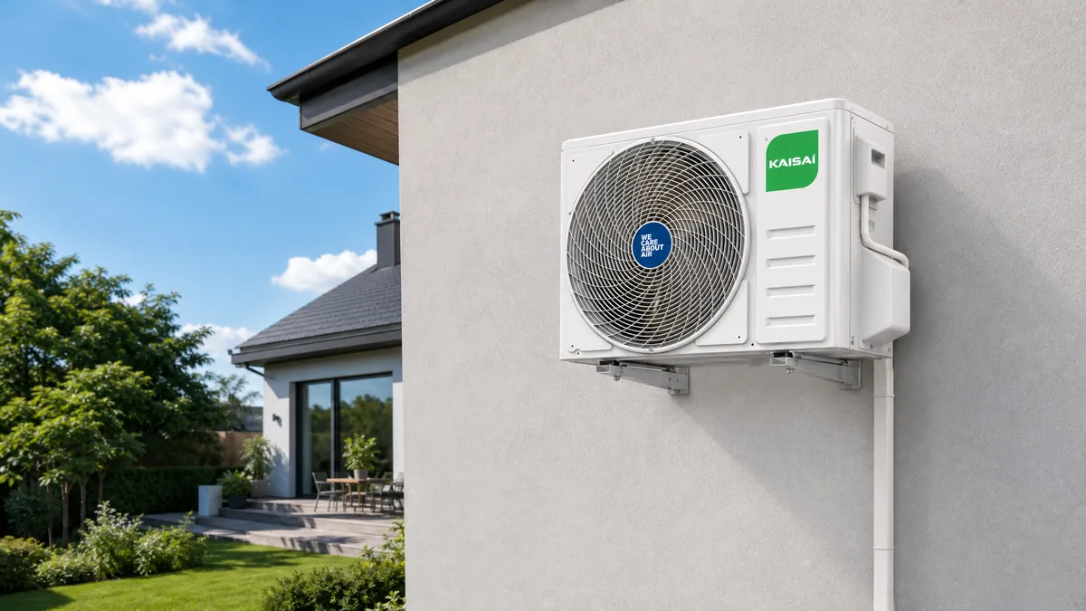 Jednostka zewnętrzna klimatyzatora Kaisai Art 5,3 kW zawieszona na elewacji domu