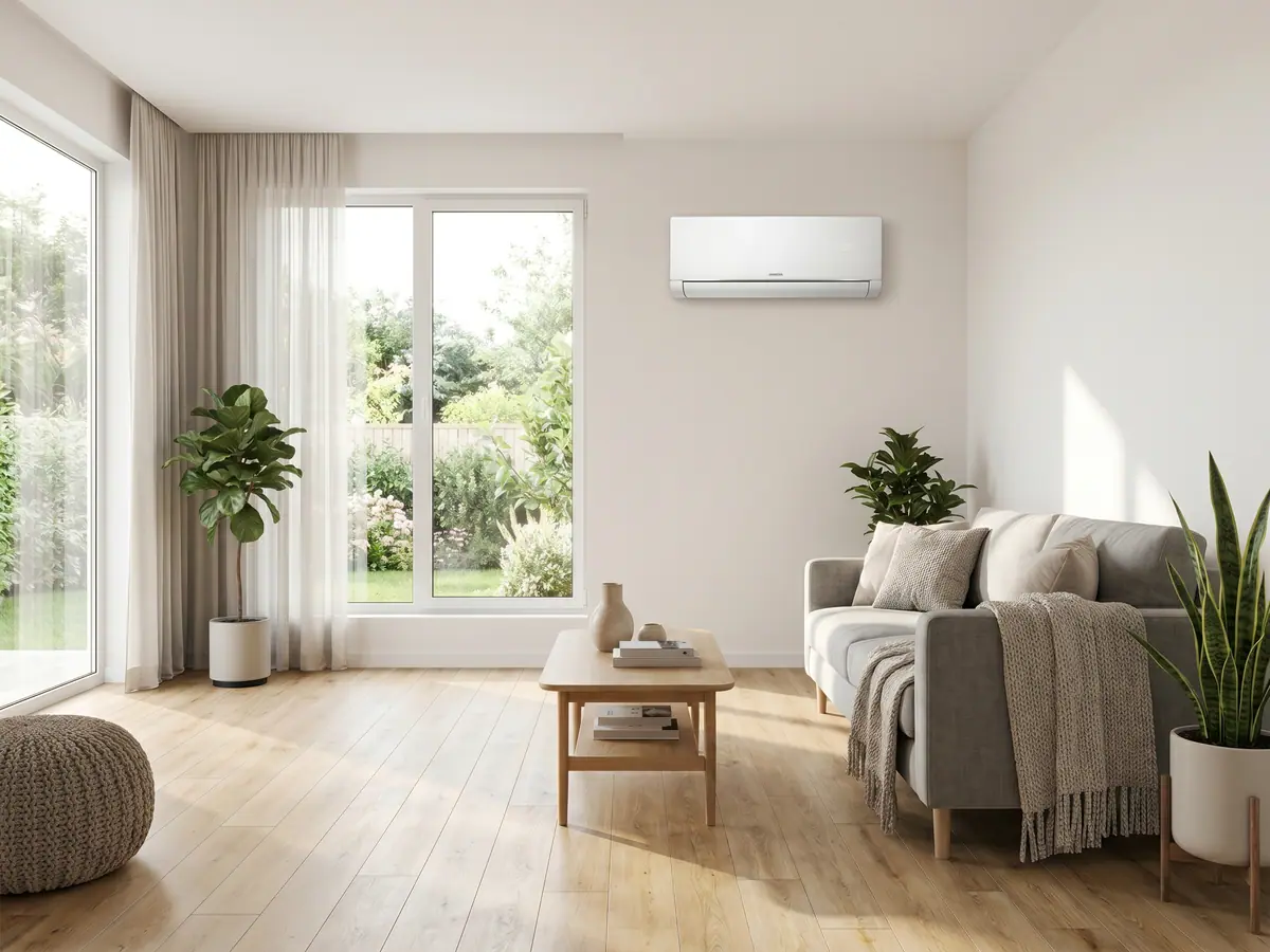 Klimatyzator ścienny Kaisai ART 5,3 kW na ścianie jasnego salonu oraz widokiem na ogród