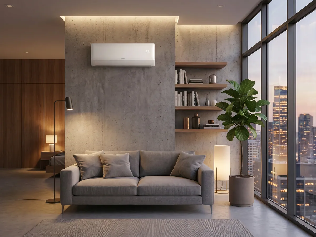 Klimatyzator ścienny Kaisai FLY+ 3,5 kW na ścianie nowoczesnego apartamentu - biała jednostka wewnętrzna split