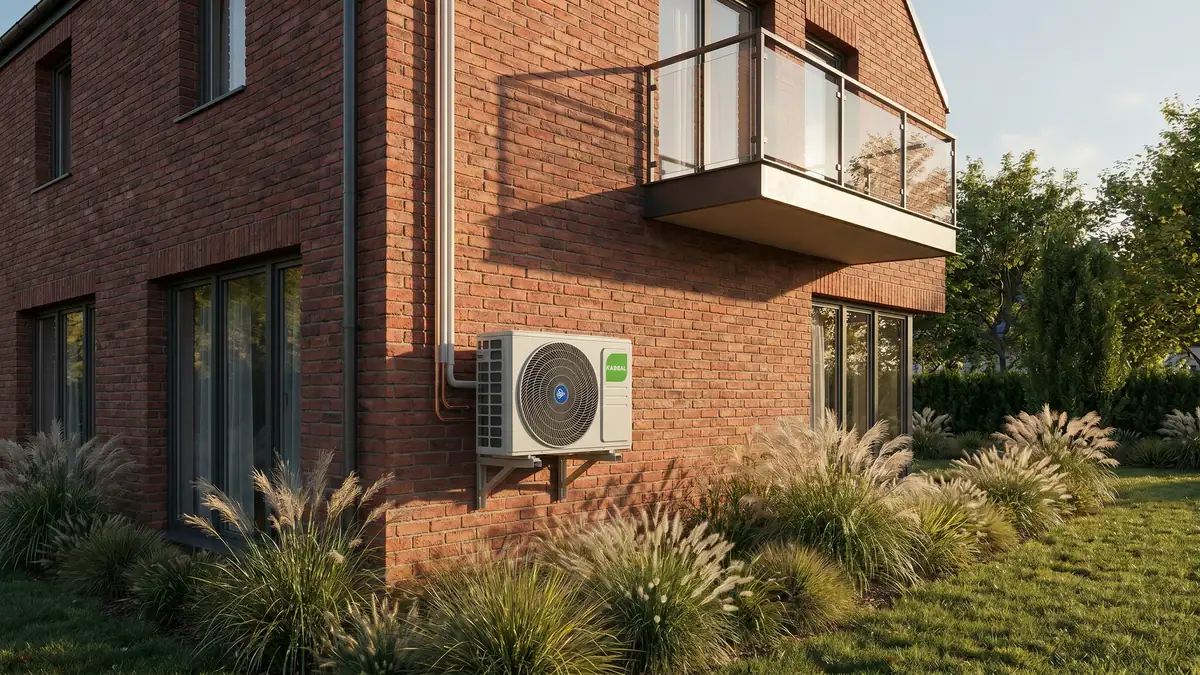 Klimatyzator ścienny Kaisai FLY+ 3,5 kW - jednostka zewnętrzna zamontowana na elewacji z ceglaną fasadą