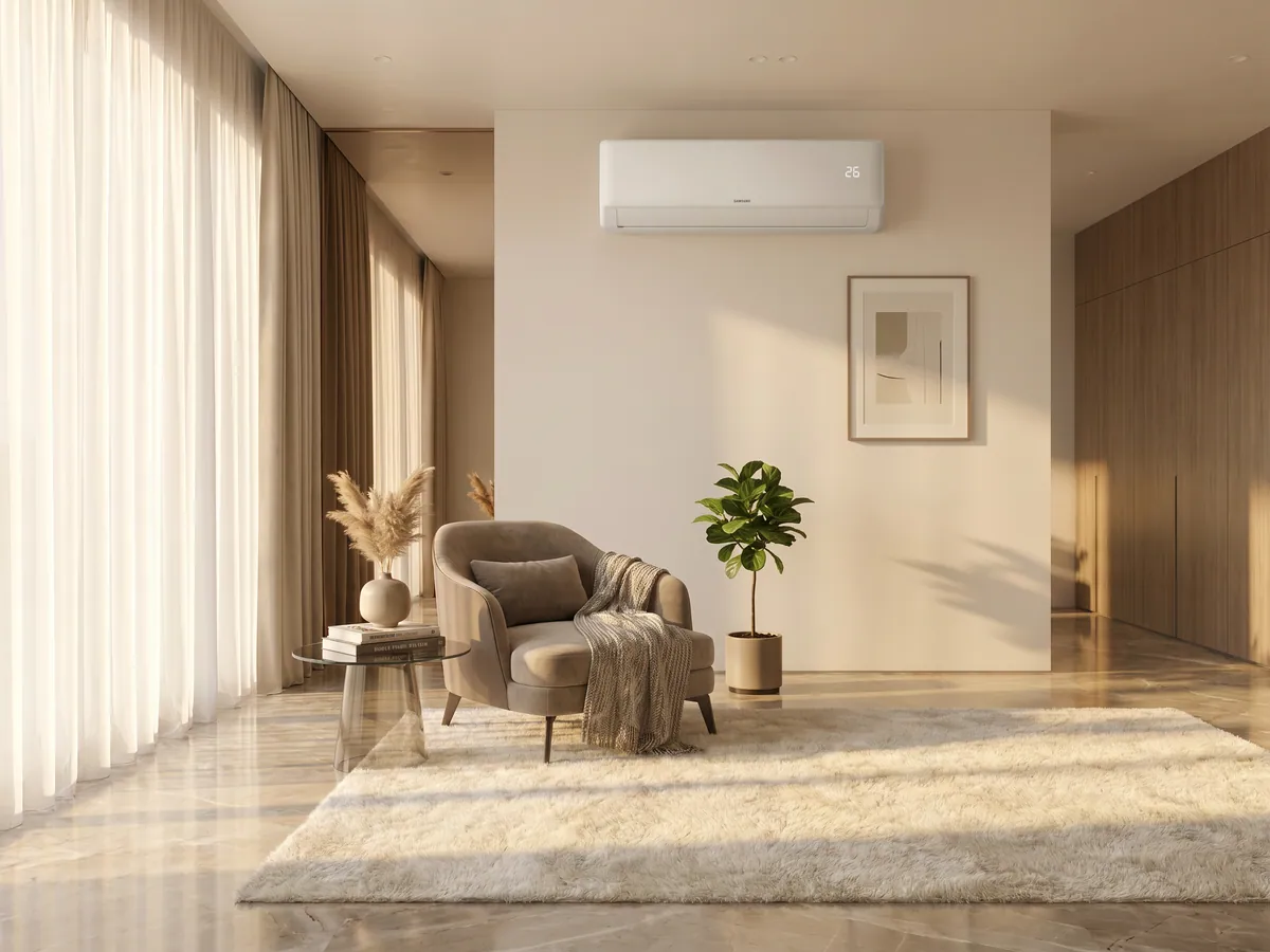 Klimatyzator ścienny Kaisai FLY+ 3,5 kW na ścianie jasnego salonu - biała jednostka wewnętrzna split z nawiewem powietrza