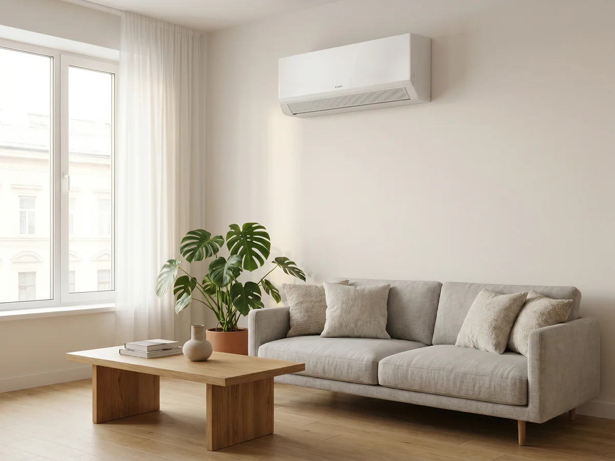 skandynawski-choinkaKlimatyzator ścienny Kaisai GEO+ 5,4 kW na ścianie salonu skandynawskiego - biała jednostka wewnętrzna split nad sofą