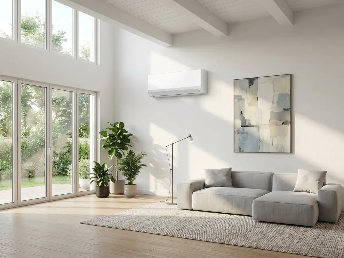 Klimatyzator ścienny Kaisai GEO+ 5,4 kW na ścianie jasnego salonu - biała jednostka wewnętrzna split