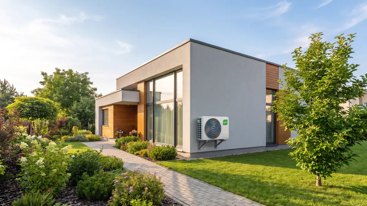 Klimatyzator ścienny Kaisai ICE 3,5 kW czarny - jednostka zewnętrzna zamontowana na elewacji nowoczesnego domu z ogrodem