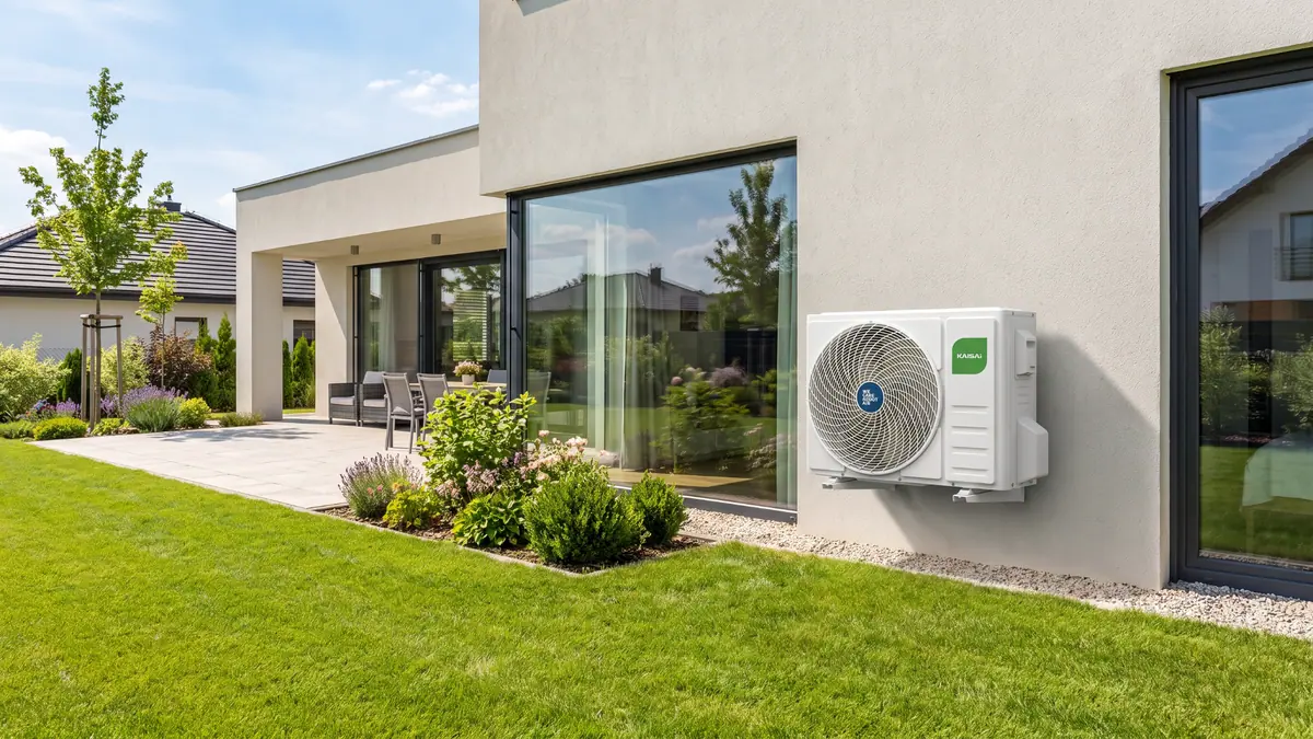 Klimatyzator ścienny Kaisai PRO HEAT+ 7 kW czarny - jednostka zewnętrzna zamontowana na elewacji domu z ogrodem