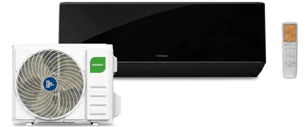 Klimatyzator ścienny Kaisai PRO HEAT+ 7 kW czarny – zestaw split: czarna jednostka wewnętrzna, biała jednostka zewnętrzna i pilot