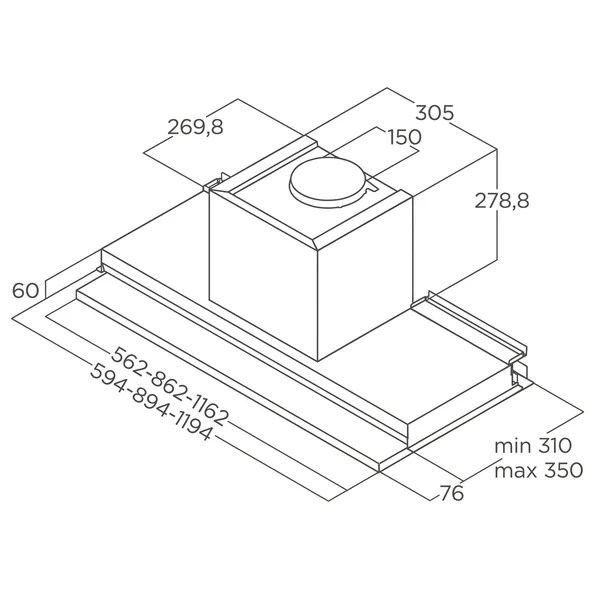 Rysunek techniczny okapu do zabudowy Elica Boxin Dry 75 cm inox - wymiary korpusu, wysokości widocznego frontu, średnicy wylotu oraz regulowanej głębokości montażu pod szafkę 60 cm