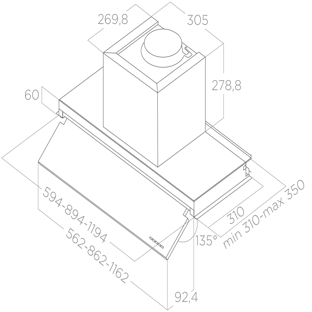 Rysunek techniczny okapu do zabudowy Elica Boxin No Drip 60 cm - wymiary obudowy, wysokości korpusu, widocznego frontu i regulowanej głębokości montażu pod szafkę 60 cm