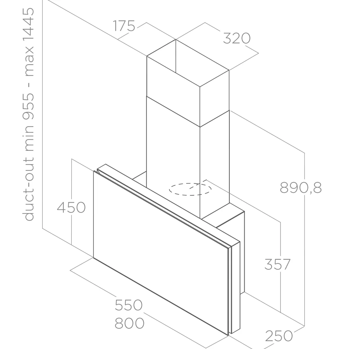 Rysunek techniczny okapu przyściennego Elica Plat 80 cm w kolorze białym - wymiary