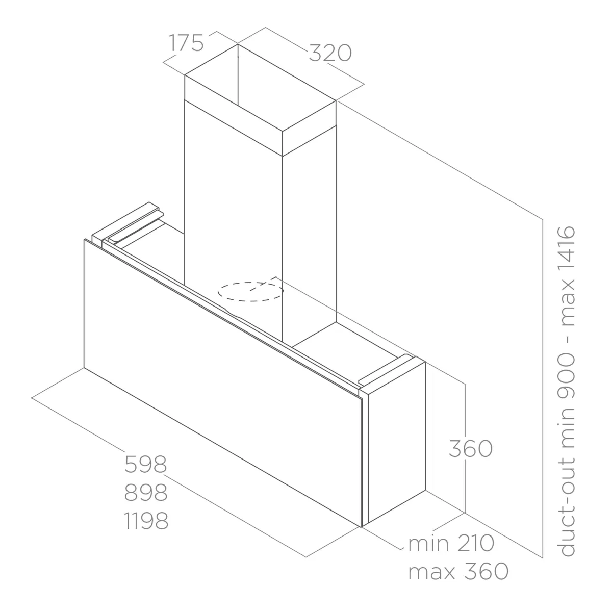 Rysunek techniczny okapu przyściennego Elica Rules 60 cm czarny
