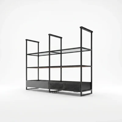 Okap wyspowy Elica Open Suite Superior 160 cm czarny - sufitowy okap w formie otwartej ramy z półkami, zdjęcie produktowe na białym tle