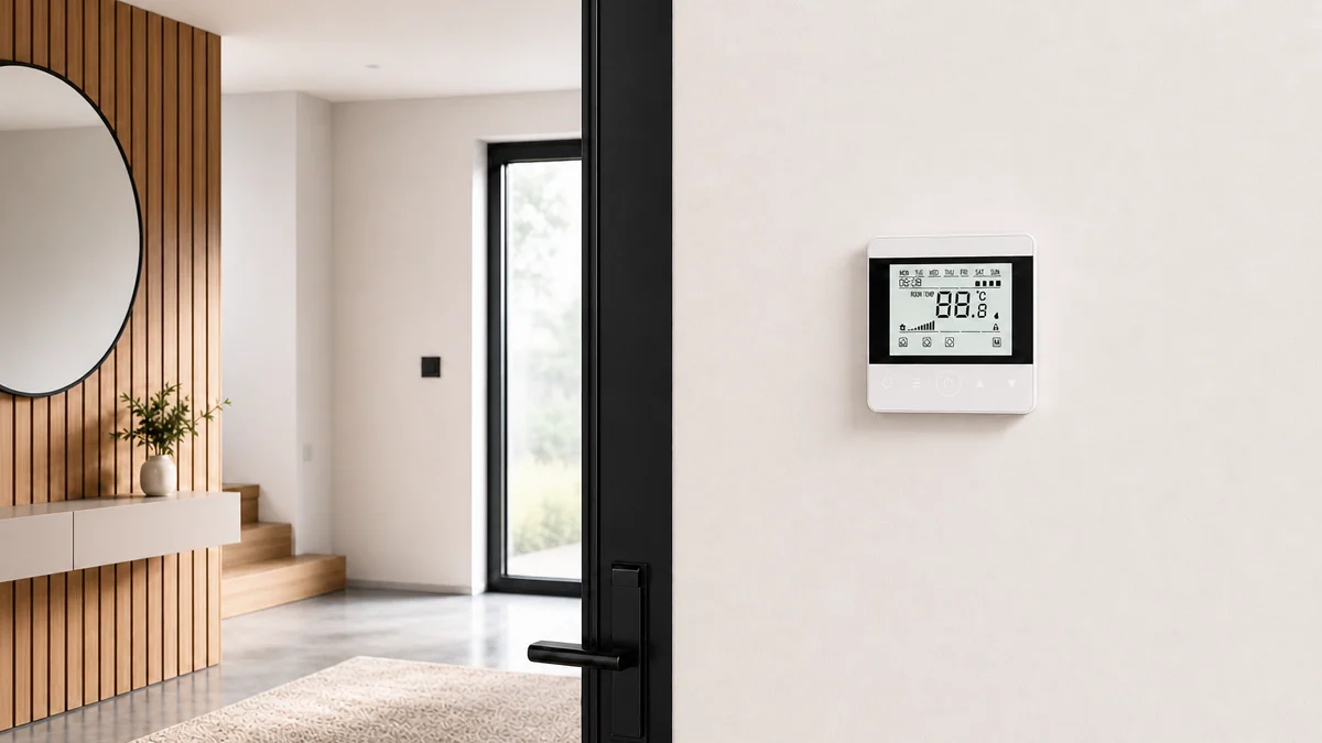 Ścienny sterownik dotykowy rekuperatora Reventon INSPIRO BASIC 300 POLY zamontowany na ścianie jasnego przedpokoju – panel z wyświetlaczem LCD
