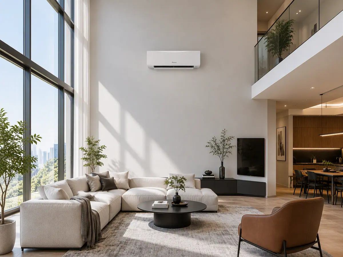 Klimakonwektor ścienny Daikin FWT03HT w jasnym salonie z antresolą – montaż na ścianie nad strefą wypoczynkową