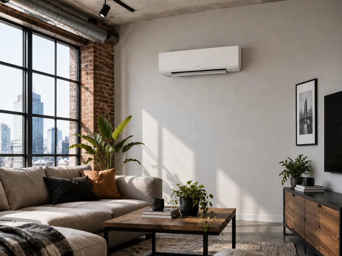 Klimakonwektor ścienny Daikin FWT03HT w salonie w stylu loft – biała jednostka na jasnej ścianie przy ceglanym filarze