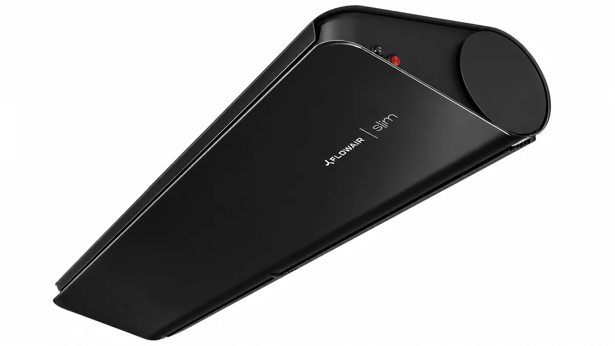 Kurtyna powietrzna elektryczna Flowair Slim E-200 czarna w ujęciu od góry – czarna obudowa z logo Flowair Slim