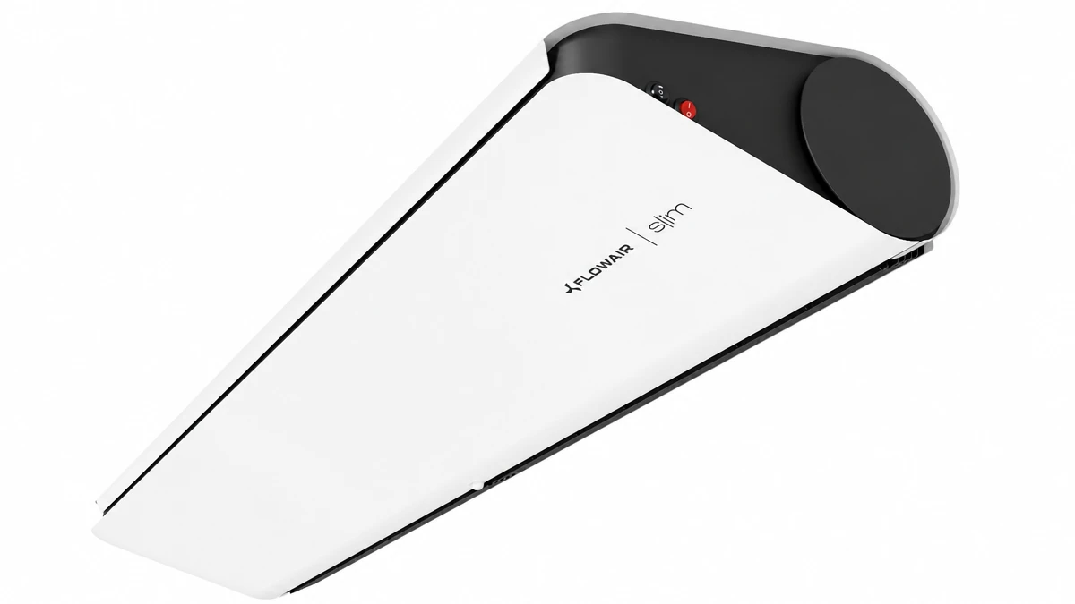 Kurtyna powietrzna elektryczna Flowair Slim E-200 w ujęciu od góry – smukła biała obudowa z logo Flowair Slim