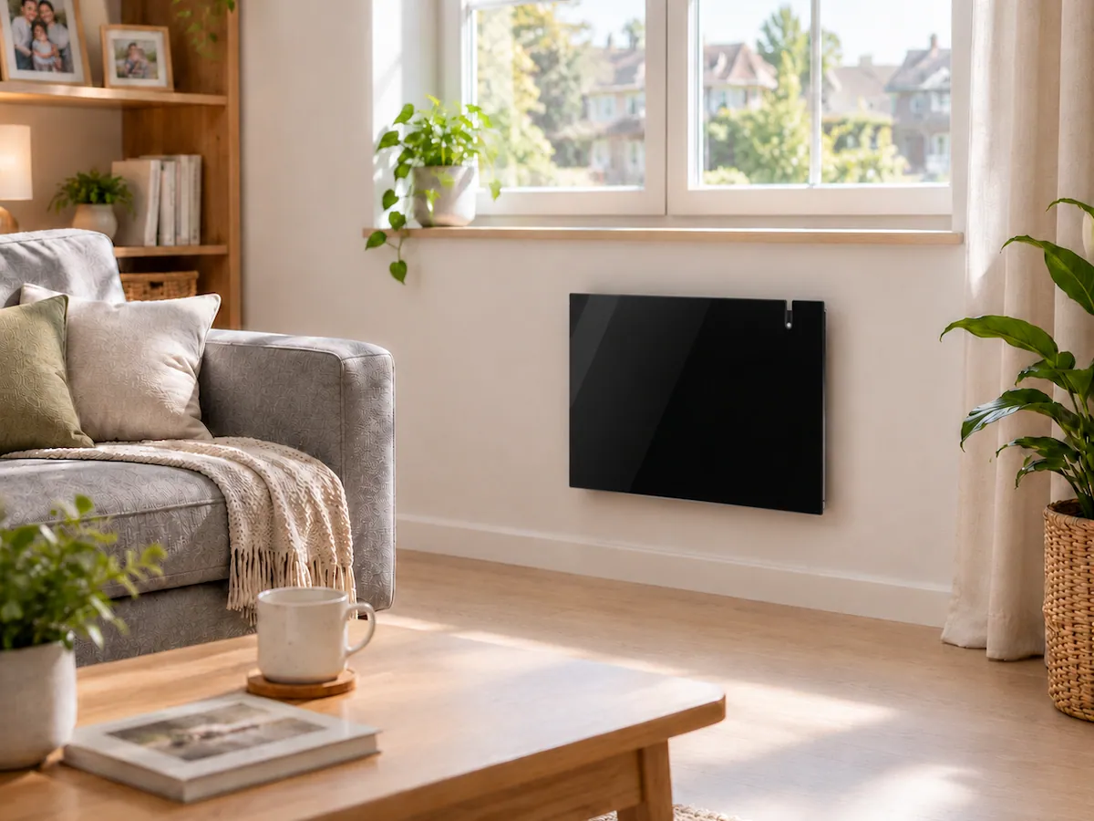Grzejnik elektryczny hybrydowy Radialight Aetherea 10 Wi-Fi 1000 W czarny w salonie – czarny błyszczący panel na jasnej ścianie, montaż pod oknem
