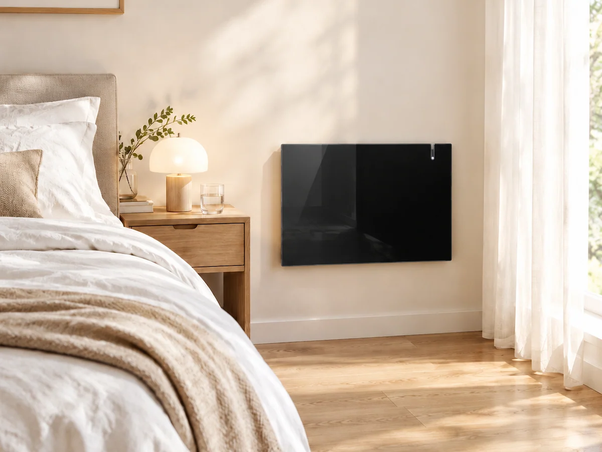 Grzejnik elektryczny hybrydowy Radialight Aetherea 10 Wi-Fi 1000 W czarny w sypialni – montaż ścienny przy szafce nocnej