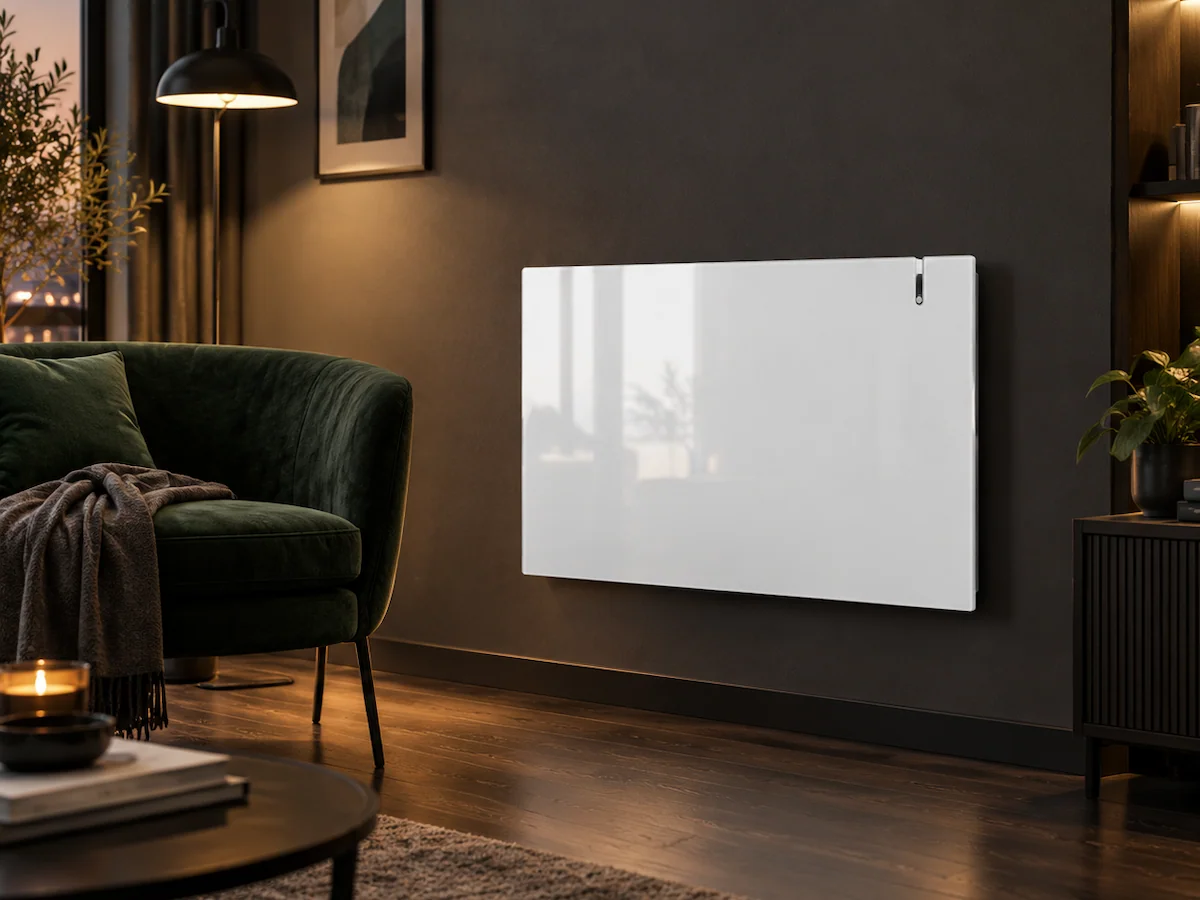 Grzejnik elektryczny hybrydowy Radialight Aetherea 15 Wi-Fi 1500 W biały w salonie wieczorem – błyszczący biały panel na ciemnej ścianie