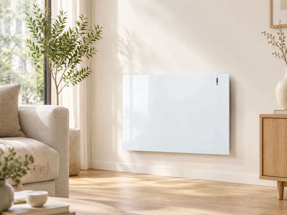 Grzejnik elektryczny hybrydowy Radialight Aetherea 15 Wi-Fi 1500 W biały w jasnym salonie – montaż ścienny przy oknie