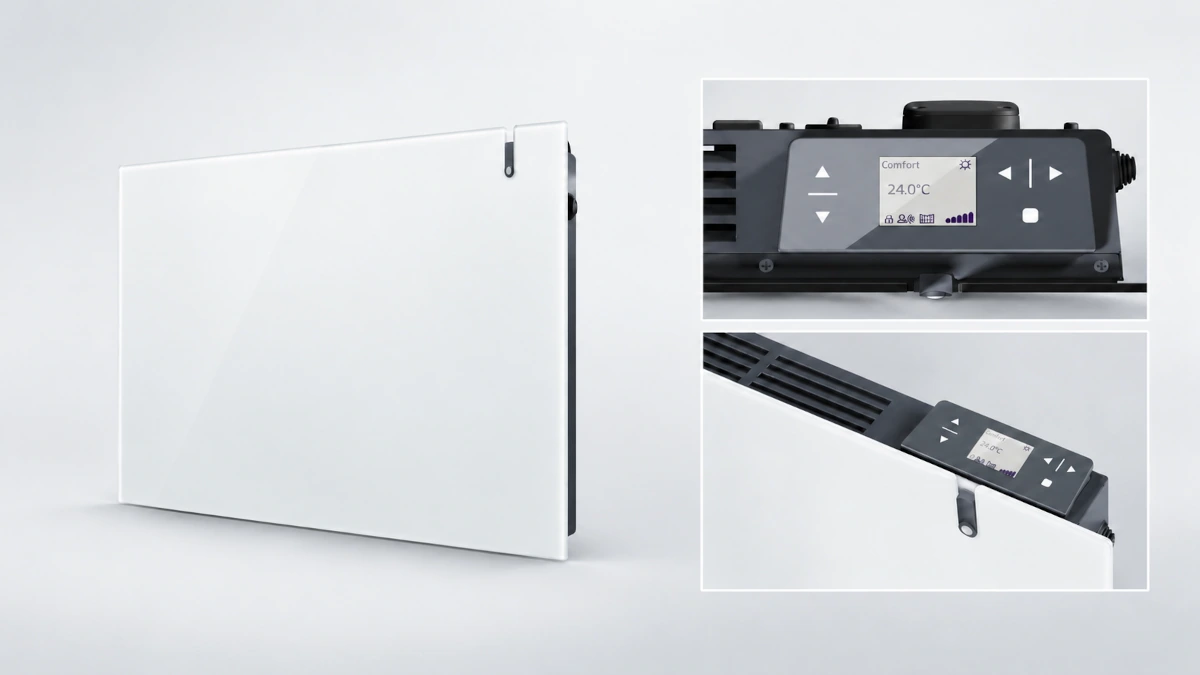 Grzejnik elektryczny hybrydowy Radialight Aetherea Wi-Fi 1500 W biały – panel w ujęciu perspektywicznym oraz sterownik w trybie Comfort z temperaturą 24,0°C