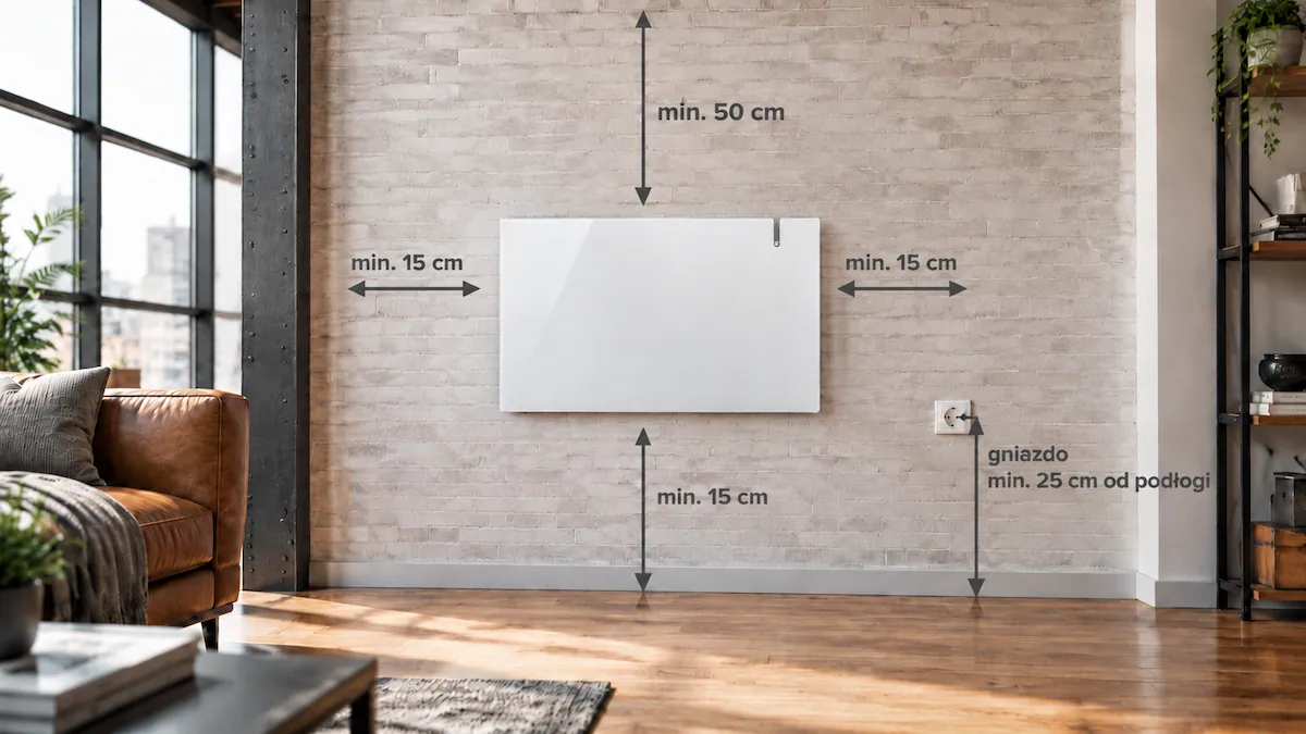Schemat odstępów montażowych grzejnika elektrycznego Radialight Aetherea 15 Wi-Fi 1500 W w kolorze białym: minimum 50 cm nad urządzeniem, 15 cm po bokach i od podłogi, gniazdo minimum 25 cm nad podłogą