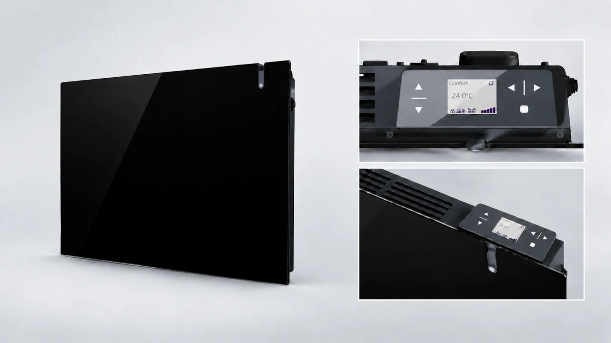Grzejnik elektryczny hybrydowy Radialight Aetherea 10 Wi-Fi 1000 W czarny – panel w ujęciu perspektywicznym oraz sterownik w trybie Comfort z temperaturą 24,0°C, przyciskami nawigacji