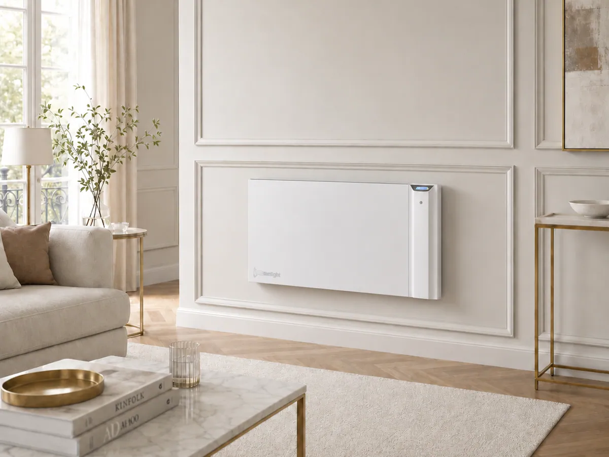 Grzejnik elektryczny hybrydowy Radialight Klima 20 Wi-Fi 2000 W biały w salonie – montaż ścienny nad listwą przypodłogową