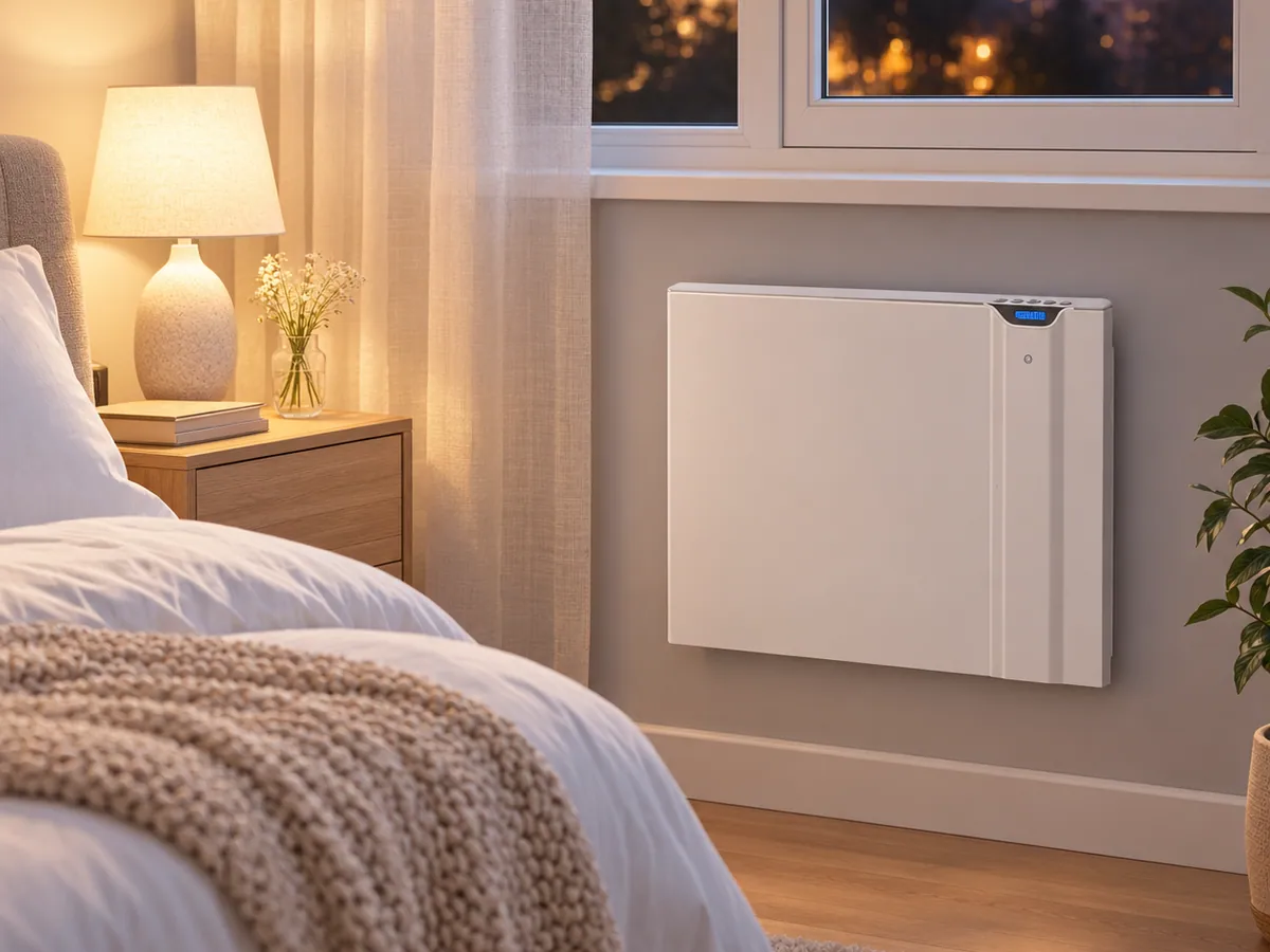 Grzejnik elektryczny hybrydowy Radialight Klima 7 Wi-Fi 750 W biały w sypialni – podświetlony wyświetlacz o zmierzchu