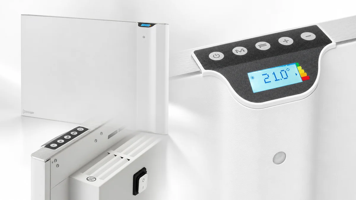 Grzejnik elektryczny hybrydowy Radialight Klima 7 Wi-Fi 750 W biały – widok panelu, wnętrze z grzałką konwekcyjną oraz zbliżenie na sterownik z temperaturą 21,0°C