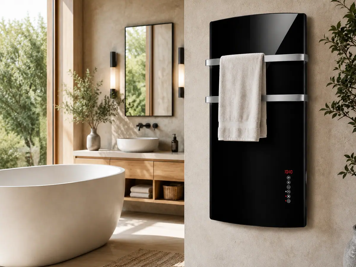 Grzejnik łazienkowy szklany Radialight Deva 1500 W czarny w łazience z wolnostojącą wanną – montaż na ścianie, ręcznik na relingach